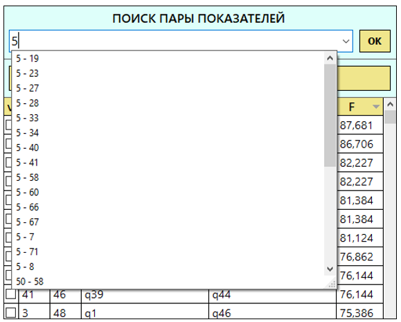 Рисунок 11. Поиск пары показателей. 